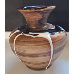 Studio Pottery Brown Tan Squat Vase Black White Drip Glaze Made in India